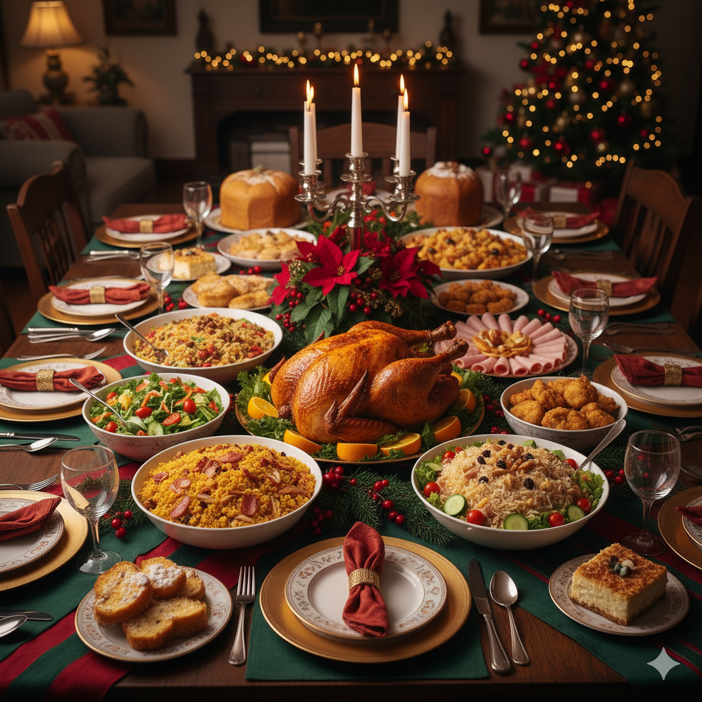 Deixe-se inspirar por esta magnífica mesa de Natal, repleta de pratos que você aprenderá a preparar com o nosso guia completo! Faça da sua ceia um momento inesquecível e delicioso.