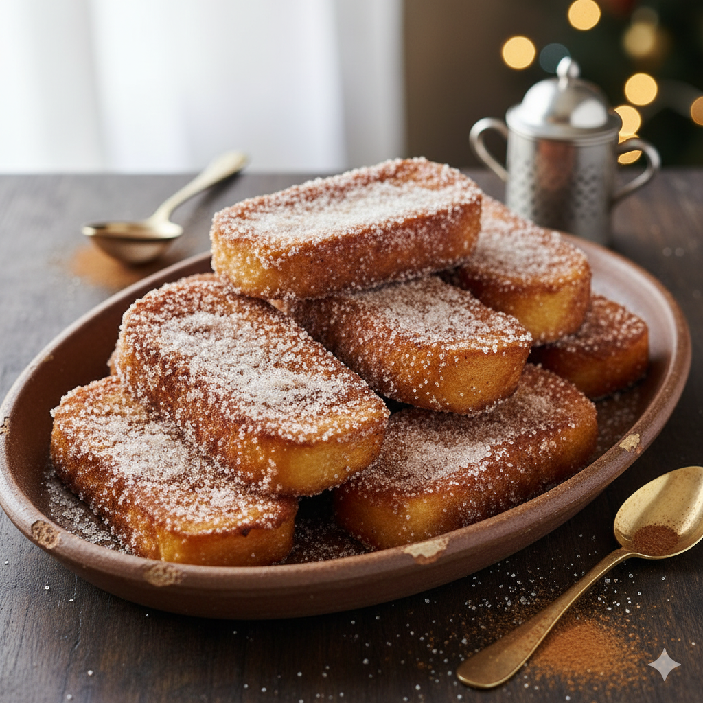 Rabanadas portuguesas tradicionais douradas com açúcar e canela, prontas para servir, em uma travessa rústica. Uma sobremesa de Natal econômica e perfeita.