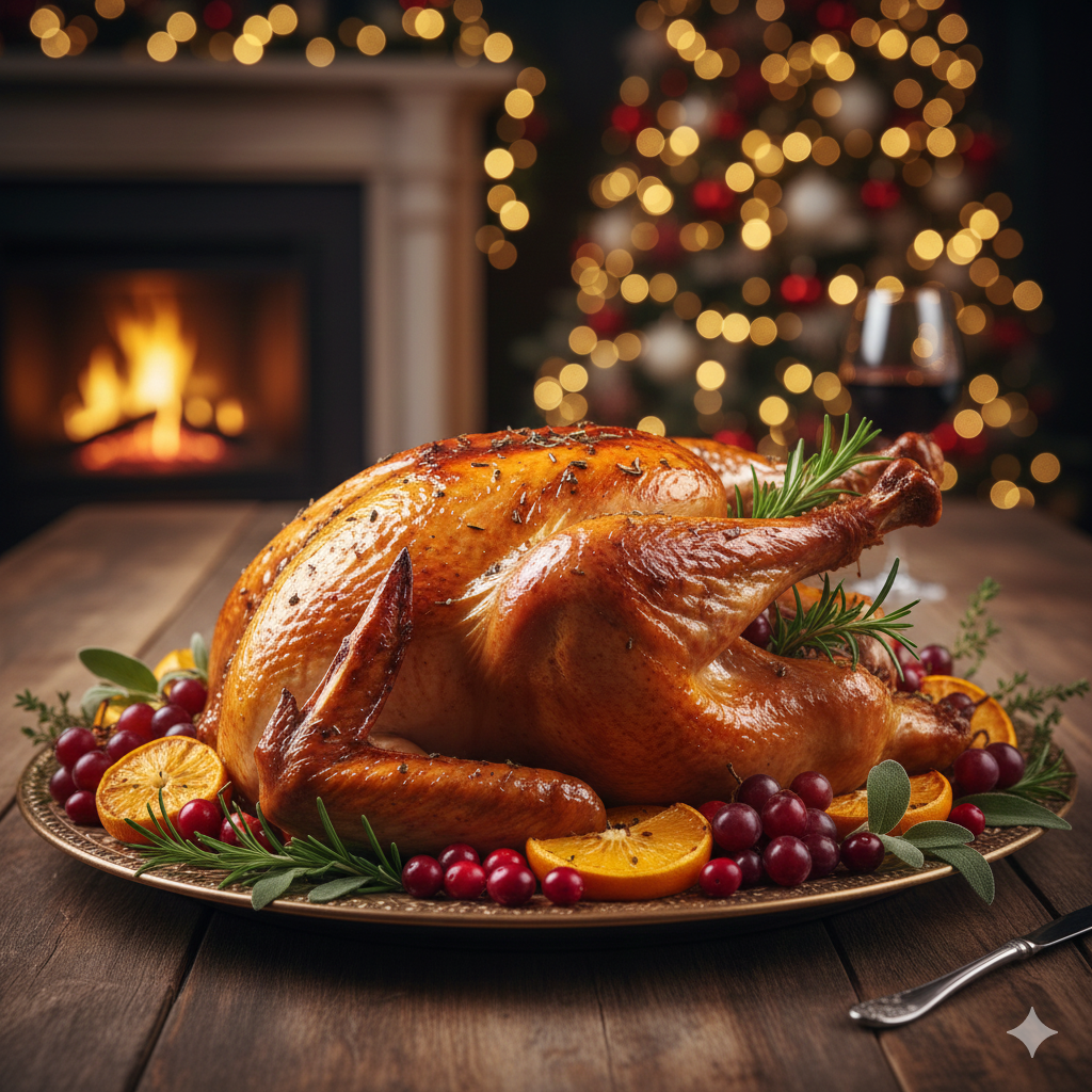 Peru de Natal suculento e dourado, assado na perfeição, guarnecido com ervas frescas e frutas para uma ceia festiva.