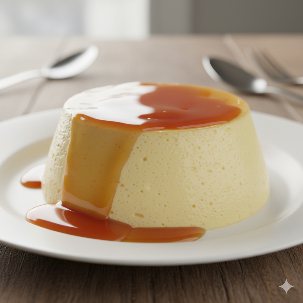 Pudim de leite condensado perfeito, cremoso e sem furos, com calda de caramelo dourada escorrendo sobre a sobremesa em um prato branco, pronto para ser saboreado.