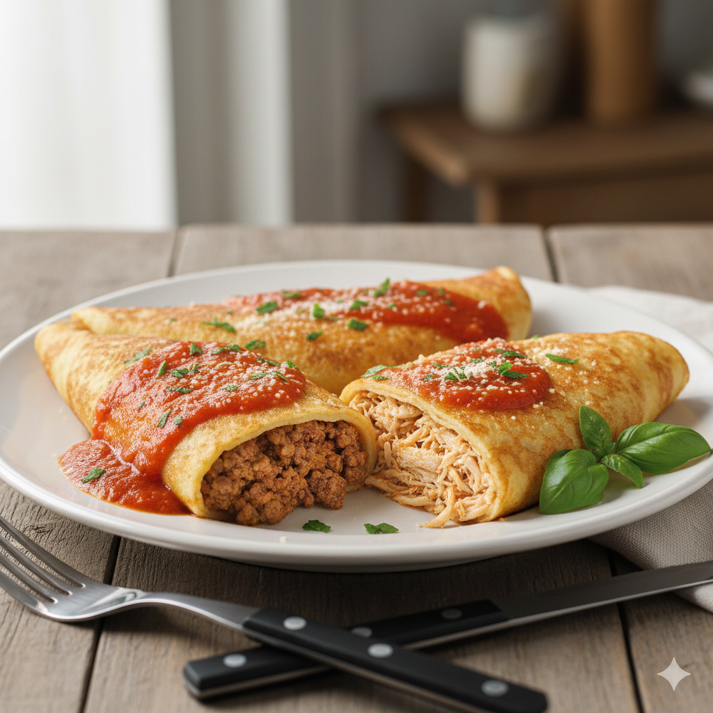 Panquecas recheadas com carne moída e frango desfiado, servidas em prato branco com molho e temperos frescos, destacando a textura dourada e o recheio duplo para sabor irresistível.