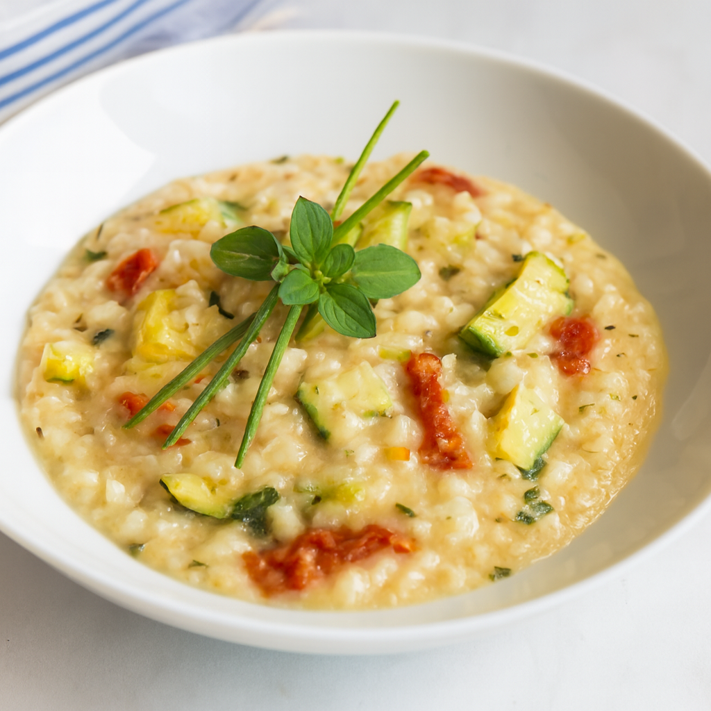Descubra o prazer de um jantar rápido e elegante com este Risoto Cremoso de Abobrinha e Tomate Seco, perfeito para transformar seu dia a dia!