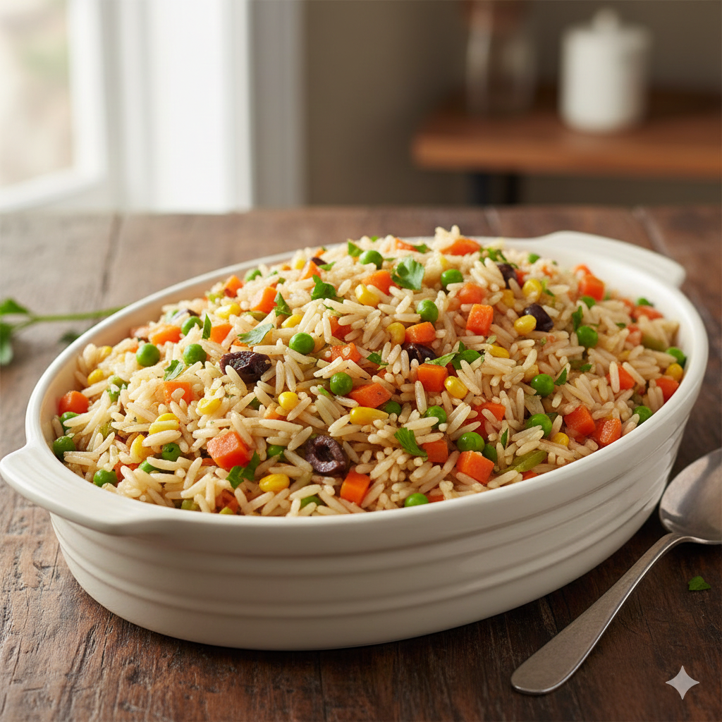 Travessa de arroz à grega colorido e saboroso com legumes picados como cenoura, ervilha e milho, perfeito para o dia a dia ou ocasiões especiais, mostrando a riqueza de cores e texturas