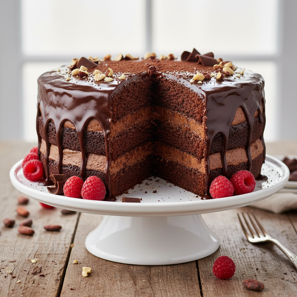Bolo de chocolate fácil e econômico com cobertura cremosa brilhante, decorado com raspas de chocolate, pronto para ser servido, ilustrando uma receita caseira perfeita.