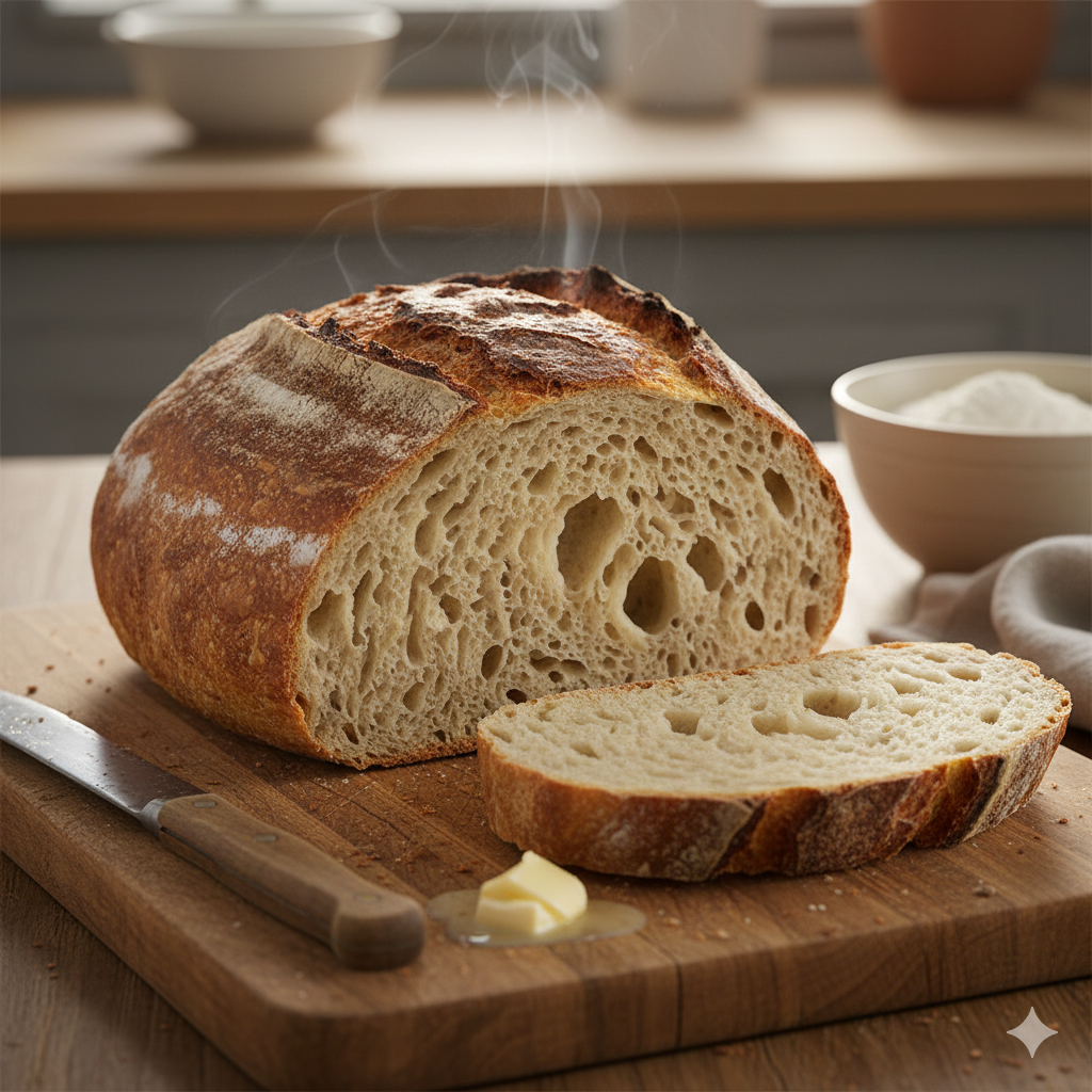 Delicie-se com este pão caseiro sem sovar: uma crosta impecavelmente crocante e um miolo macio que provam que fazer pão delicioso em casa pode ser incrivelmente fácil!