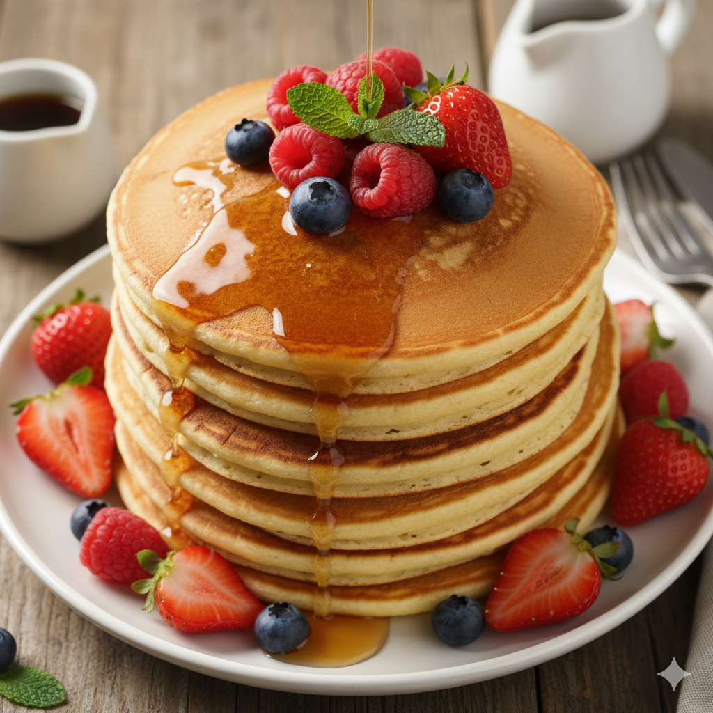Comece o dia com o pé direito! Nossas panquecas americanas fofinhas são a receita ideal para um café da manhã irresistível e sem complicações.
