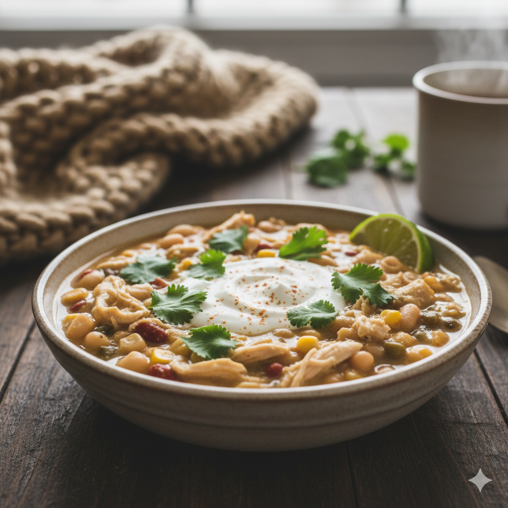 Aconchegue-se com esta receita prática de White Chicken Chili, ideal para aquecer nos dias frios. Sabor e conforto em cada colher!
