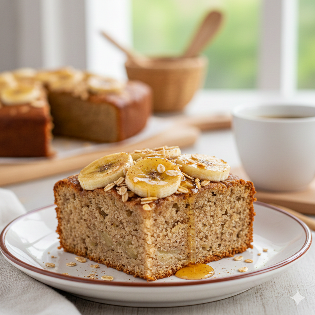 Delicioso bolo de banana com aveia servido em uma fatia, decorado com rodelas de banana e aveia em flocos.