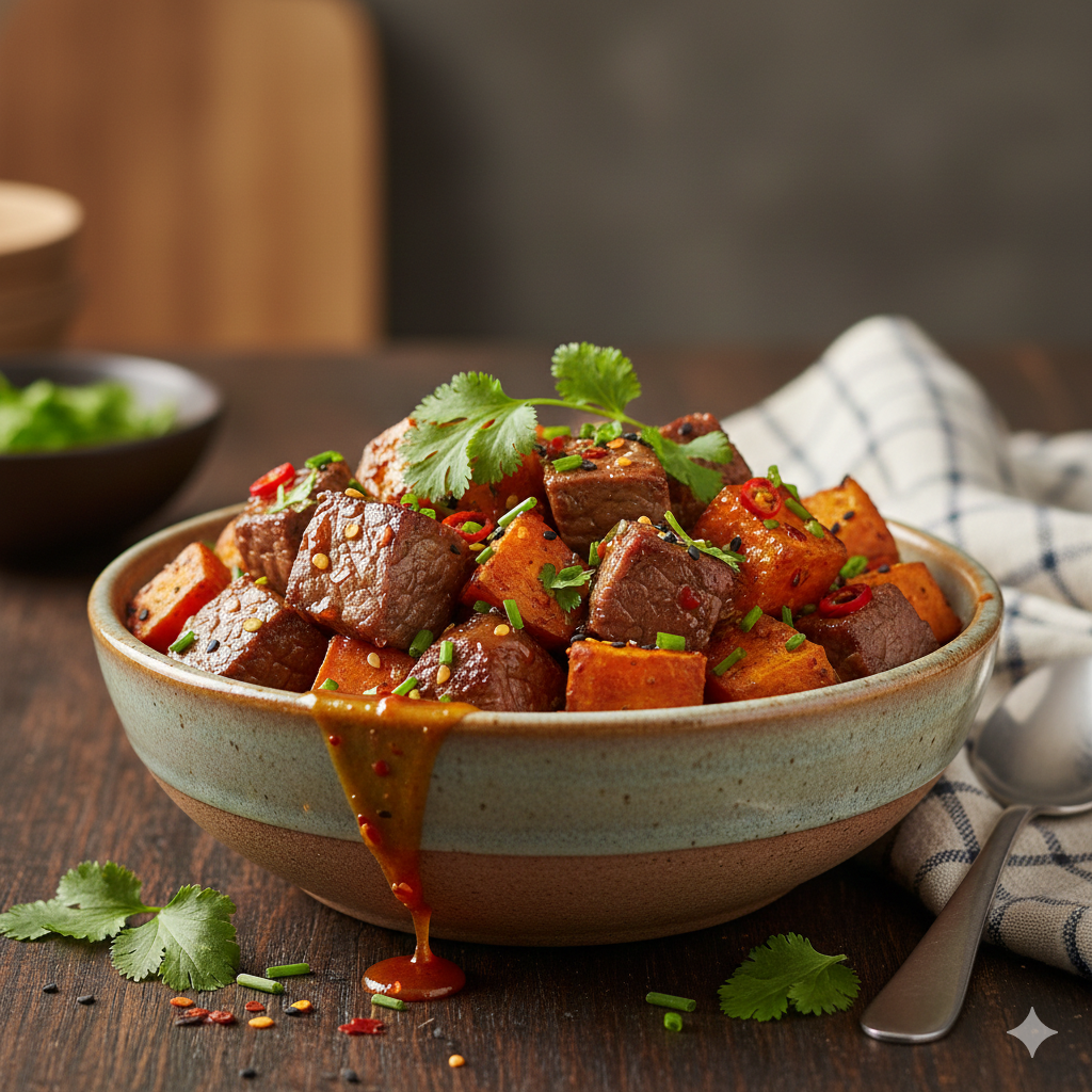 "Saboreie a deliciosa combinação de batata-doce e carne bovina neste Hot Honey Bowl, o prato apimentado perfeito para qualquer dia da semana!"