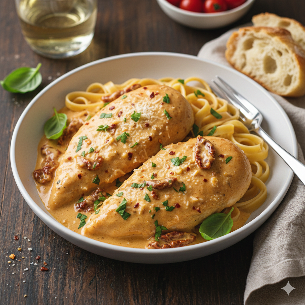 Surpreenda seu amor com este irresistível Frango Marry Me, mergulhado em um molho cremoso e repleto de sabor, ideal para um jantar romântico.