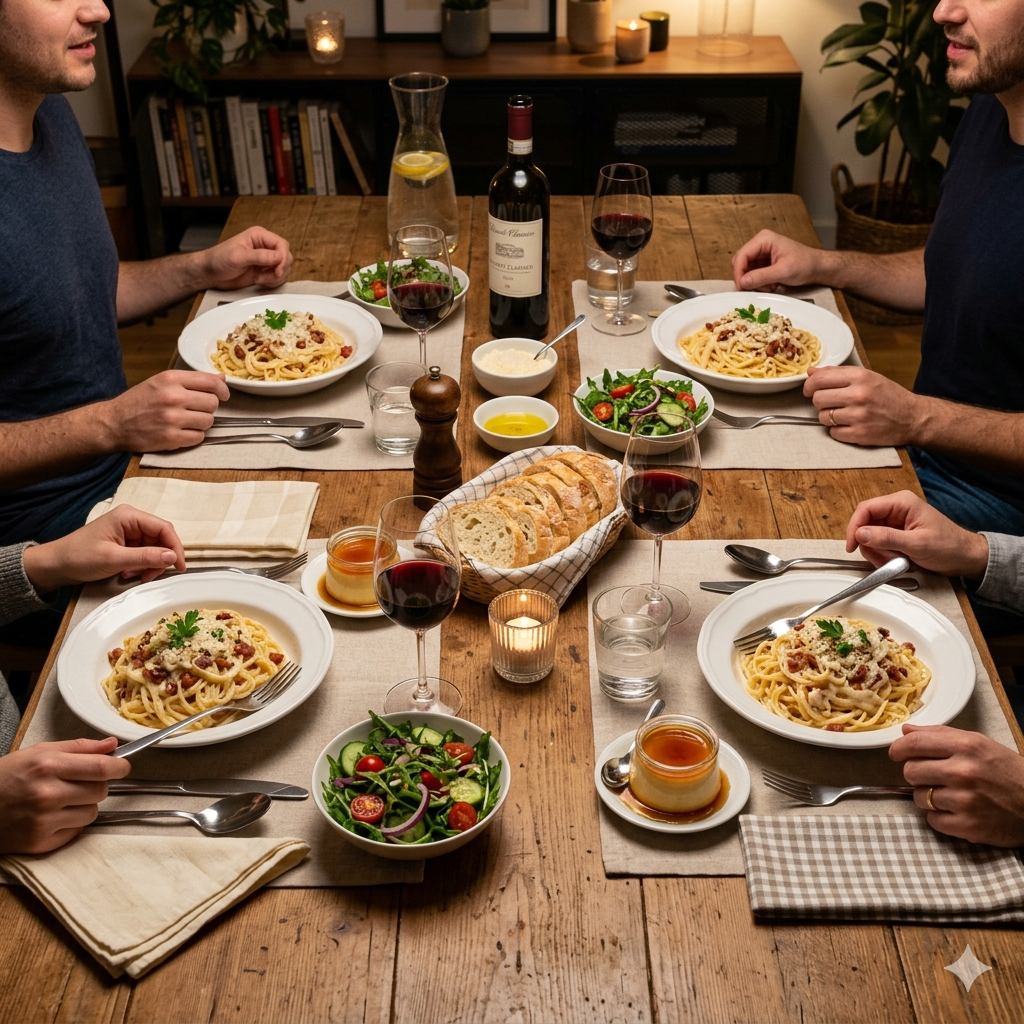 Prepare a irresistível refeição em 50 minutos: Saboreie macarrão à carbonara, uma salada fresca e um delicioso pudim por apenas R$35 para 4 pessoas.