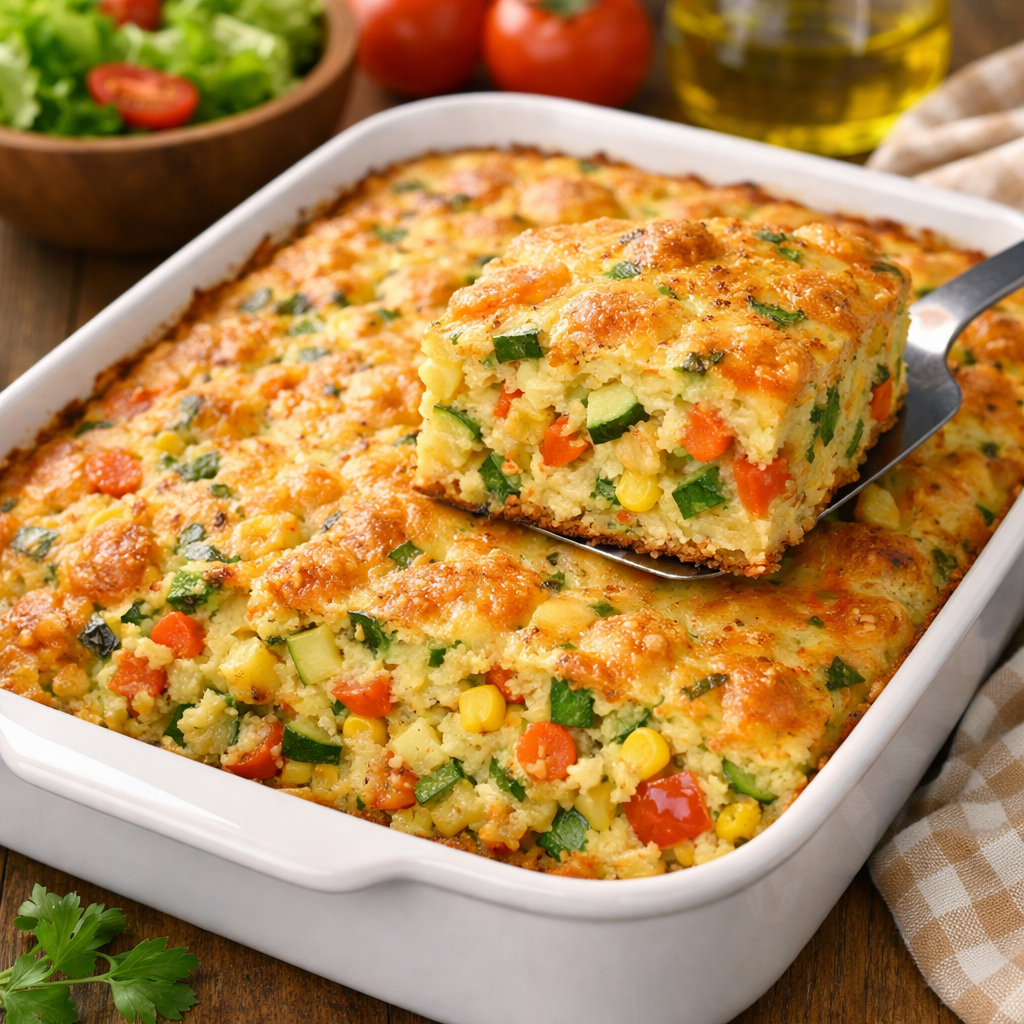 Torta de legumes frescos assada em uma travessa, ideal para uma refeição saudável e econômica.