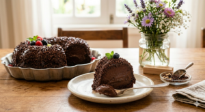 Brigadeirão de forno cremoso com granulado de chocolate, pronto para ser servido como uma sobremesa irresistível e prática