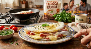 Experimente a combinação imbatível de queijo e presunto em uma tapioca feita em minutos. O lanche perfeito para saciar sua fome com muito sabor!