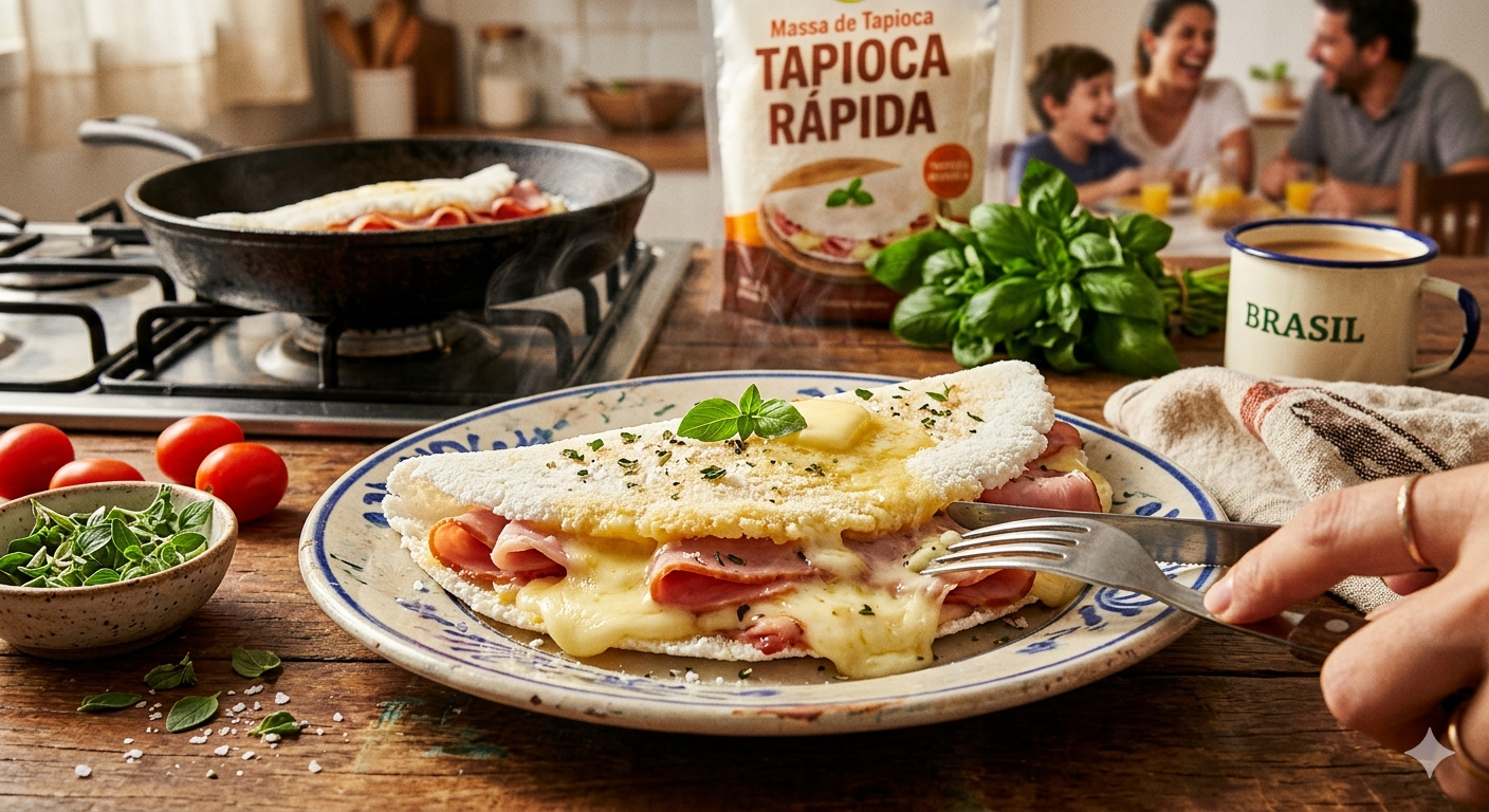 Experimente a combinação imbatível de queijo e presunto em uma tapioca feita em minutos. O lanche perfeito para saciar sua fome com muito sabor!