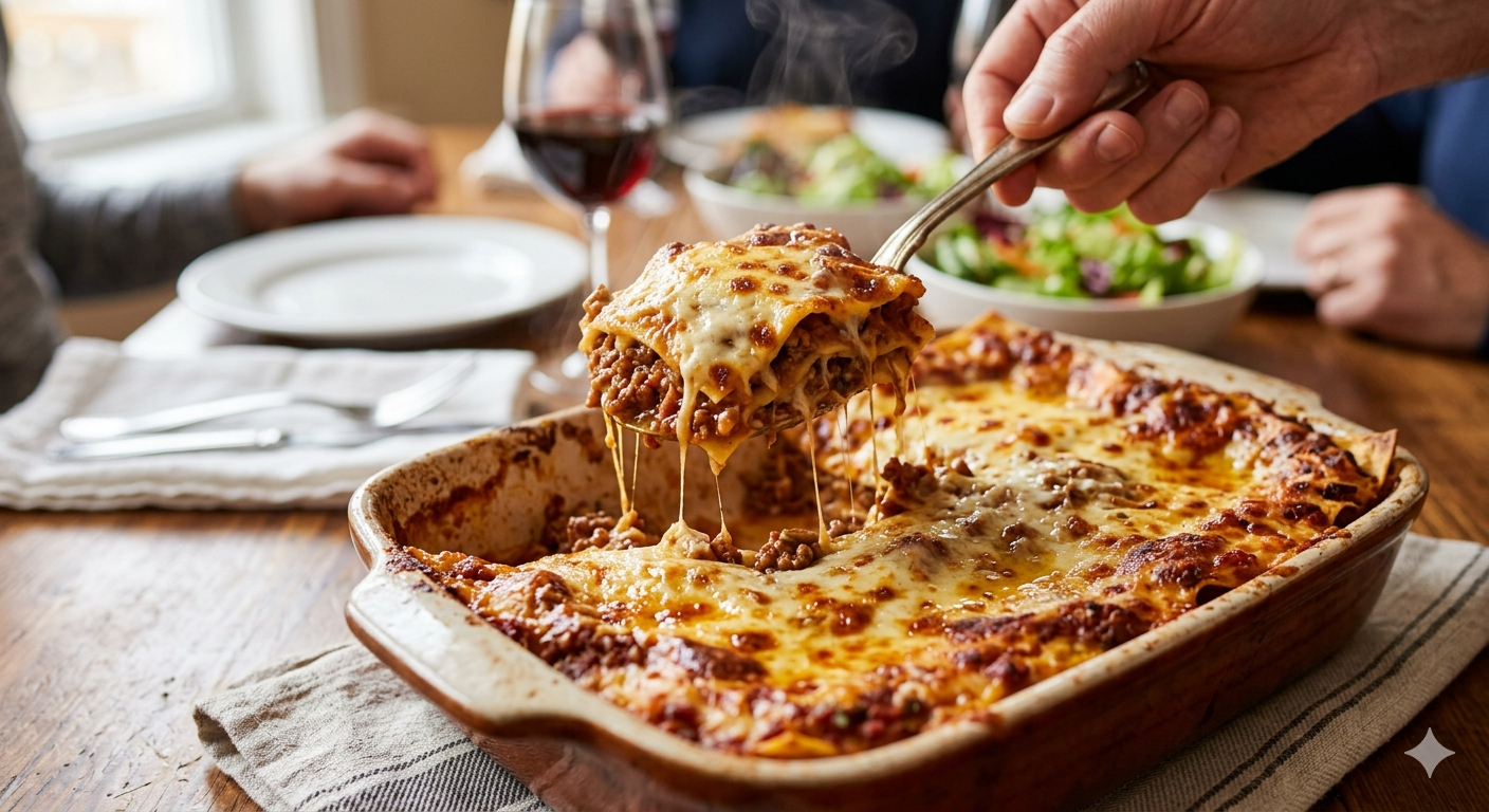 Uma fatia generosa da nossa Lasanha de Forno à Bolonhesa com 3 Queijos, mostrando as camadas de massa, molho suculento e queijo derretido. A receita ideal para transformar qualquer refeição em uma celebração!