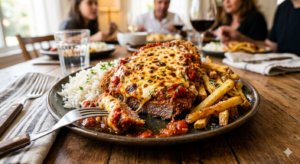 Delicie-se com a estrela do almoço de domingo: nosso Bife à Parmegiana Tradicional. Uma explosão de sabor e conforto que sua família vai amar!