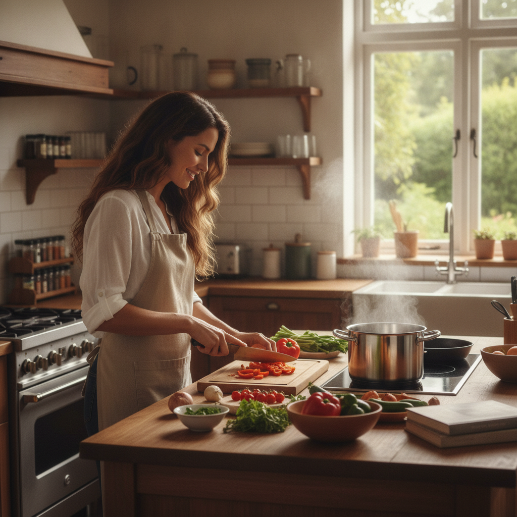 Imagem representando uma mulher de cabelos longos cozinhando na cozinha