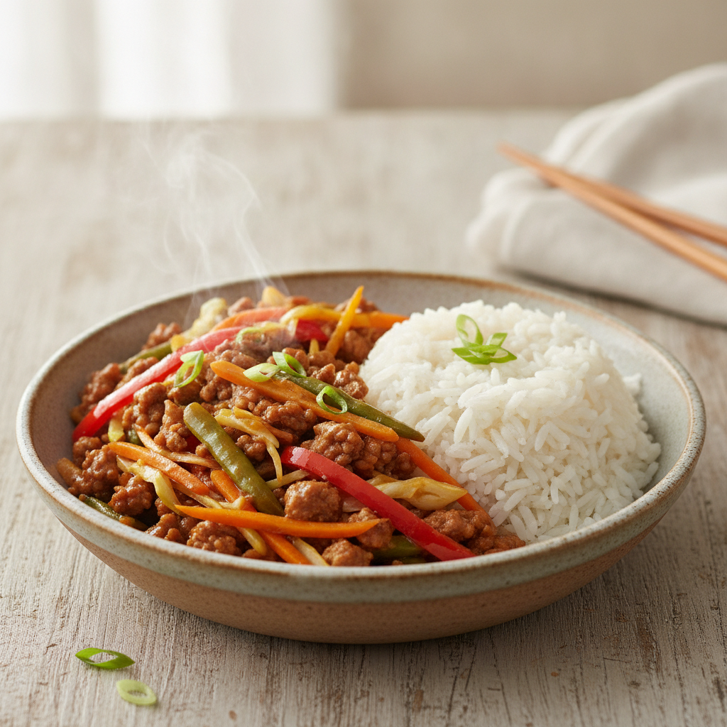 Image for Carne Moída Oriental com Legumes e Arroz: Uma Refeição Prática e Saborosa para o Dia a Dia