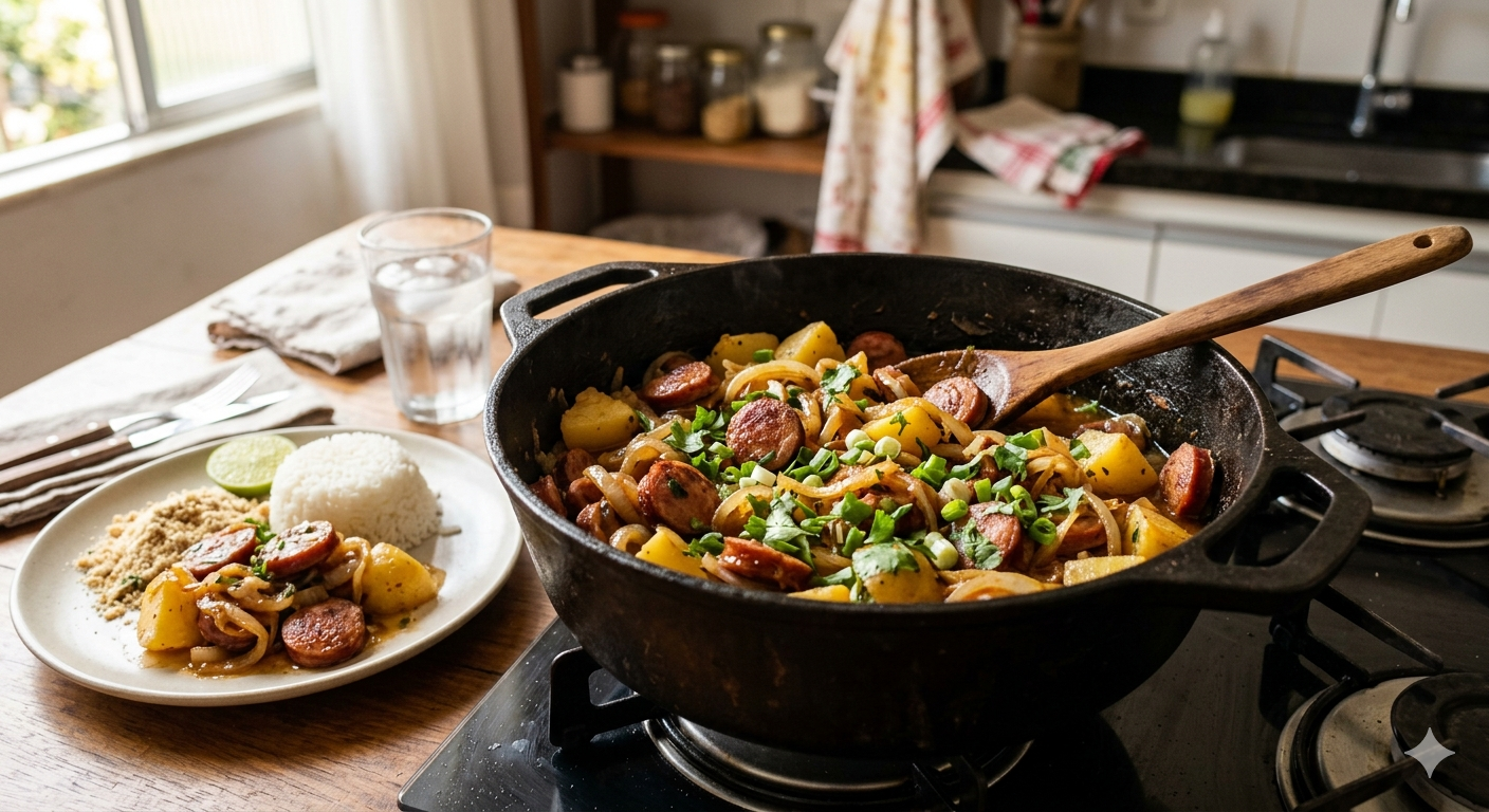 Image for Linguiça Acebolada com Batata na Panela: Almoço Rápido, Barato e Delicioso para o Dia a Dia